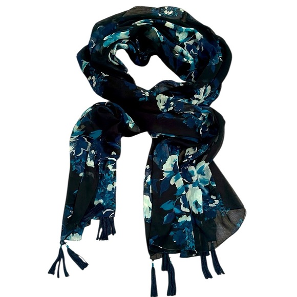 Floral Blue and Black sheer Scarf - Picture 1 of 6